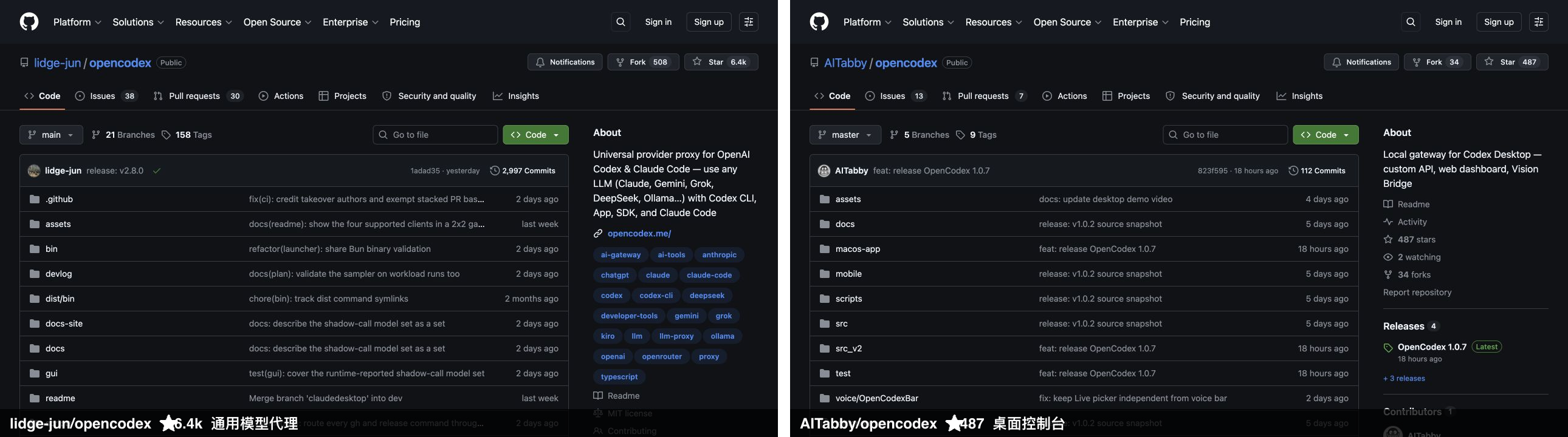 GitHub 上两个 OpenCodex 仓库的对比截图